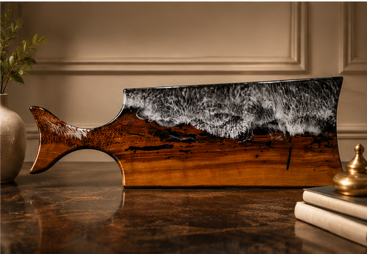 Rouge Wave-Handcrafted Cherry Wood & Deep Blue Resin With White Waves Charcuterie Board