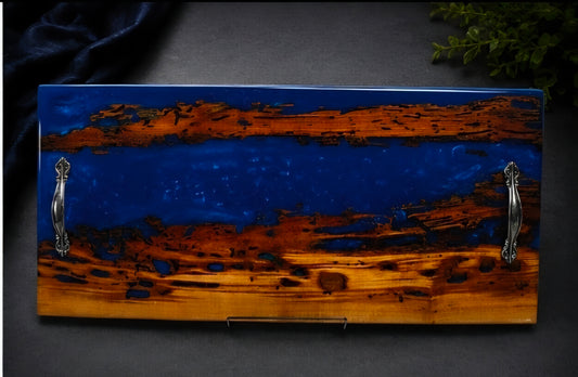 Blue Horizon-Cherry Wood & Deep Blue Resin Serving Tray / Charcuterie Board
