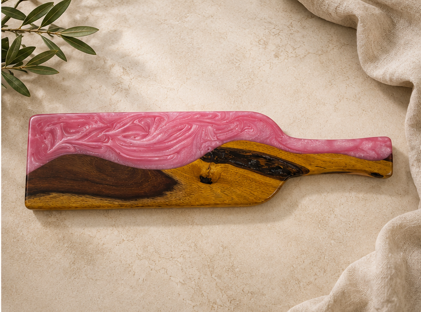 Afghan Rose-Handcrafted Sheesham wood & Pink Resin Wine Bottle Charcuterie Board