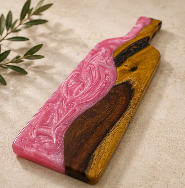 Afghan Rose-Handcrafted Sheesham wood & Pink Resin Wine Bottle Charcuterie Board