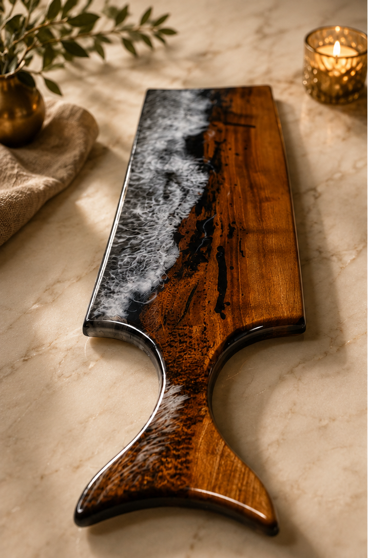 Rouge Wave-Handcrafted Cherry Wood & Deep Blue Resin With White Waves Charcuterie Board