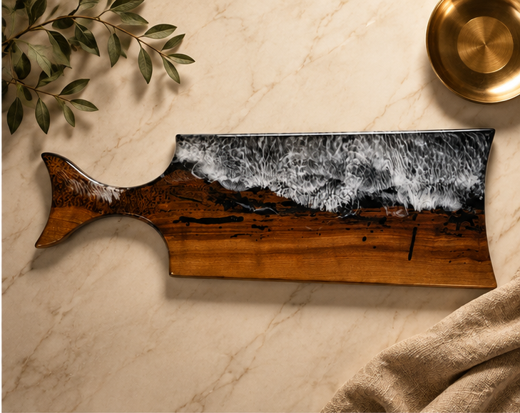 Rouge Wave-Handcrafted Cherry Wood & Deep Blue Resin With White Waves Charcuterie Board